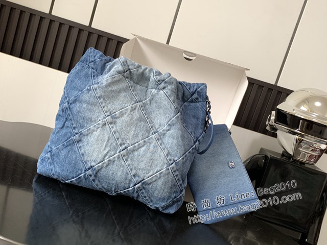 Chanel專櫃新款22Bag牛仔垃圾袋水洗藍白漸變色銀色五金 中號3261 香奈兒女包 djc5301